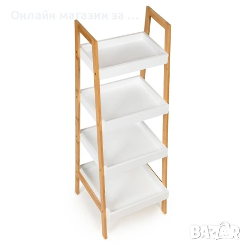 Етажерка 4 рафта МДФ бял естествен бамбук, 98*36*34см, снимка 6 - Етажерки - 53380605