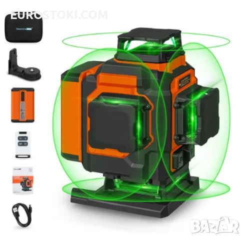 Лазерен нивелир TakamineTech с кръстосани линии, зелени диоди, 4 x 360 градуса, 5200 mAh