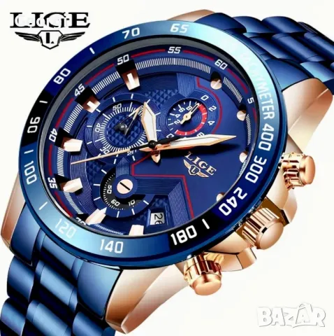 Мъжки спортно/елегантни кварцови хронографи LIGE *Blue/Black* Titanium !, снимка 3 - Мъжки - 49547677