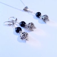 Разкошни обеци с камъни Черен диамант и фини филигранни орнаменти в цвят сребро , снимка 9 - Обеци - 41819201