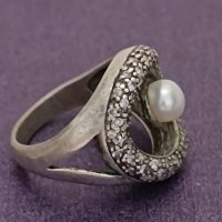 Красив сребърен пръстен с перла и камъни #61МН, снимка 5 - Пръстени - 44404257