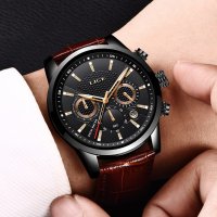LIGE-Луксозен кварцов часовник,хронограф,дата,кожена каишка,високо качество, снимка 2 - Мъжки - 41424569