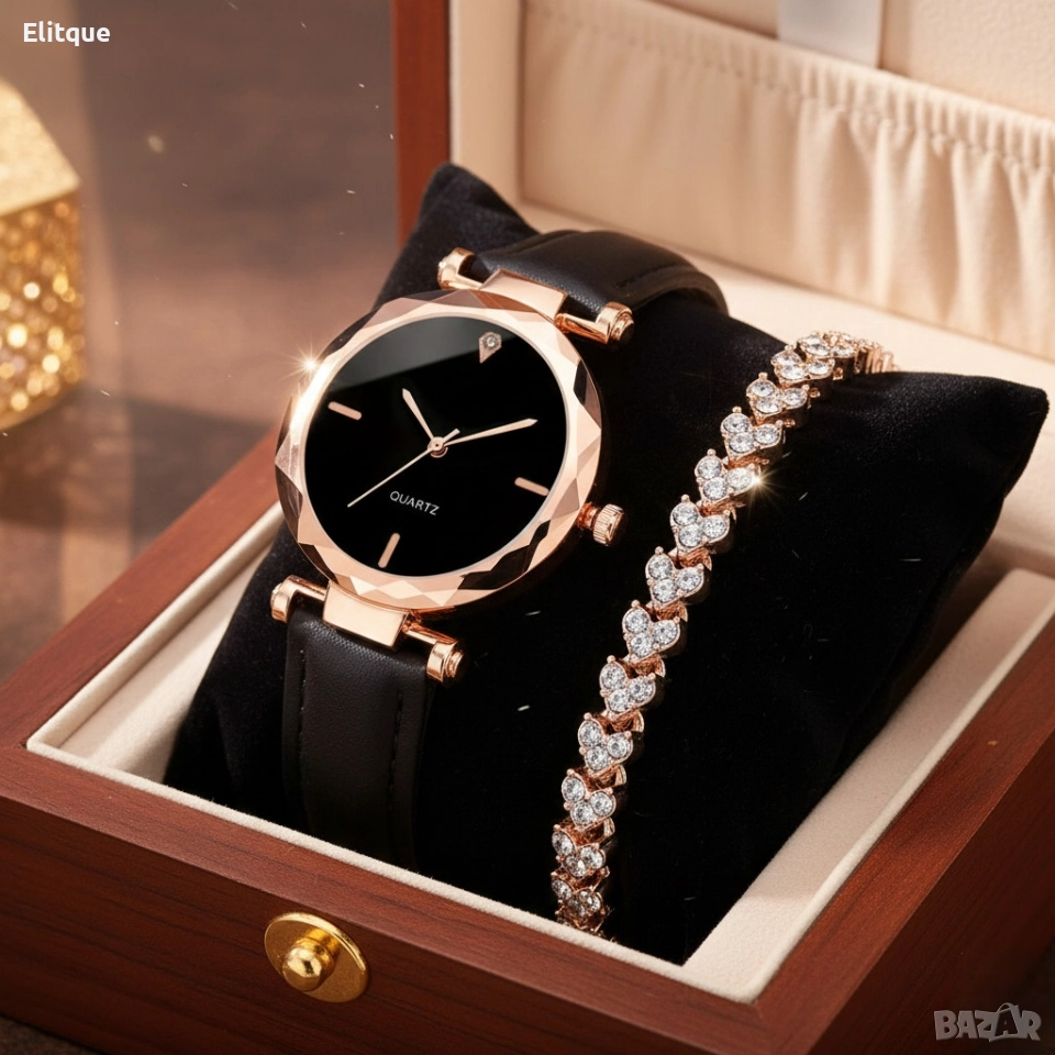 Елегантен дамски комплект часовник и гривна с розово злато, снимка 1