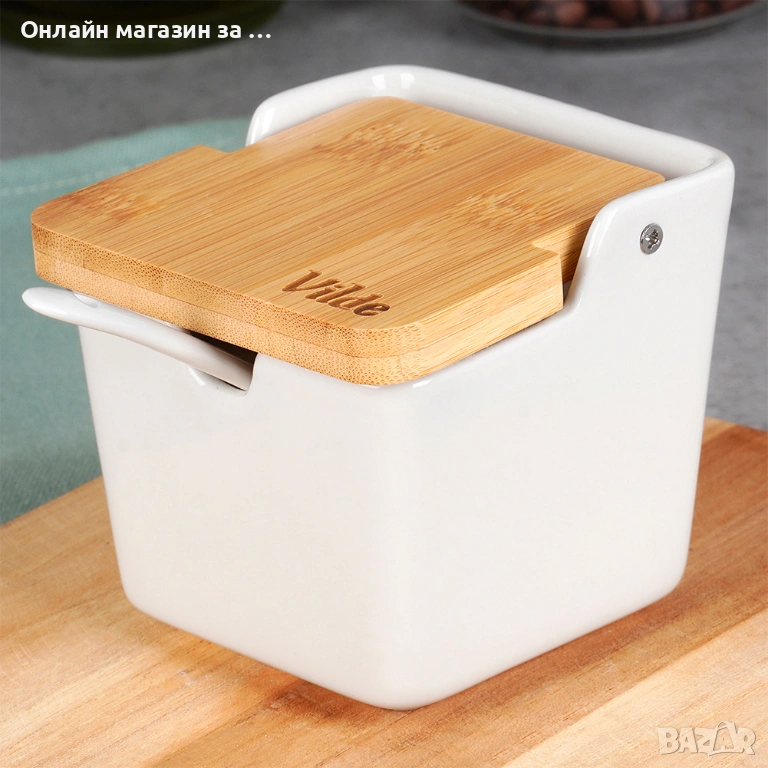 Керамична захарница с бамбуков капак и лъжичка 250 ml 139676, снимка 1
