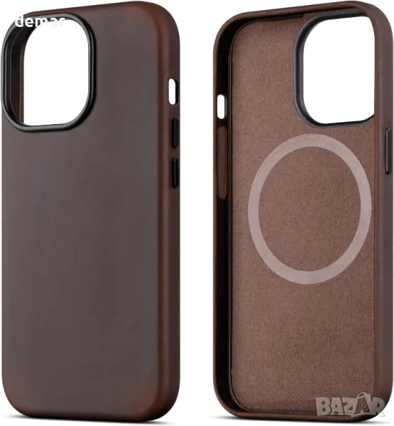 Кожен калъф maogoam за iPhone 16 Plus 6,7 инча, съвместим с MagSafe, метални бутони, тъмнокафяв, снимка 1