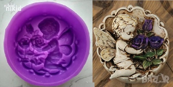 Ангел дете наведен в рози Кръгъл Дълбок силиконов молд форма тесто фондан сапун гипс шоколад мъфини, снимка 1