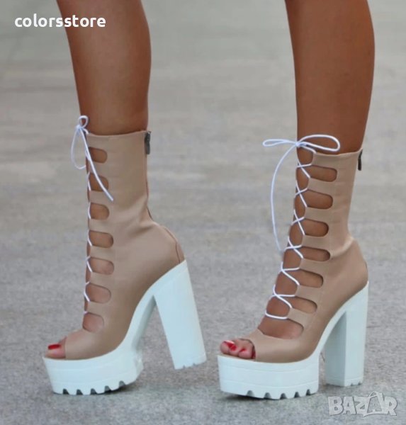 Летни боти на ток - тъмнобежова кожа - 101, снимка 1