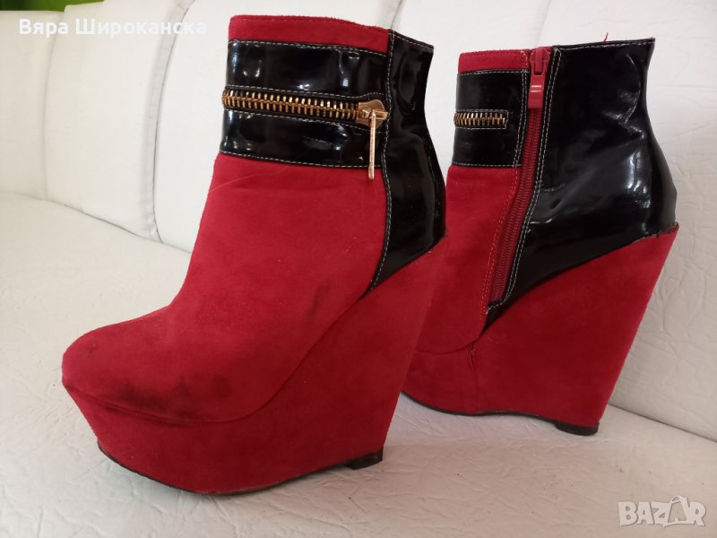 Високи боти на платформа. Размер: 37. Винен набук и черен лак. Жълти декоративни ципове. , снимка 1