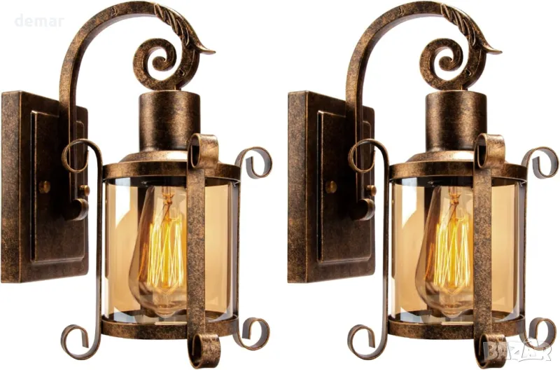 Plfann Рустик кехлибарен стъклен аплик за стена 2 броя, бронз, БЕЗ крушка, снимка 1