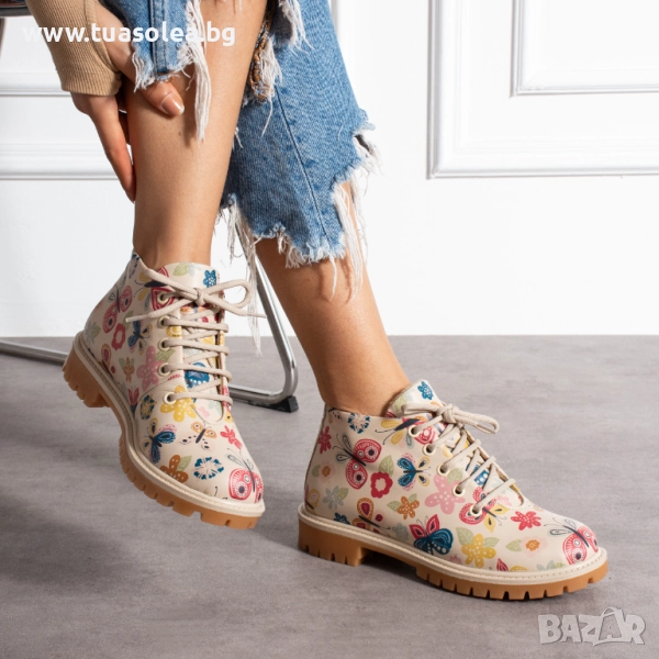 Дамски боти естествена кожа до глезена бежови на цветя с връзки | Марка Tuasolea, снимка 1