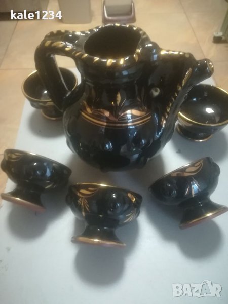 Керамичен сервиз за вино. Черно със злато. Чисто нов. Ръчно рисуван. За механа. Българско производст, снимка 1