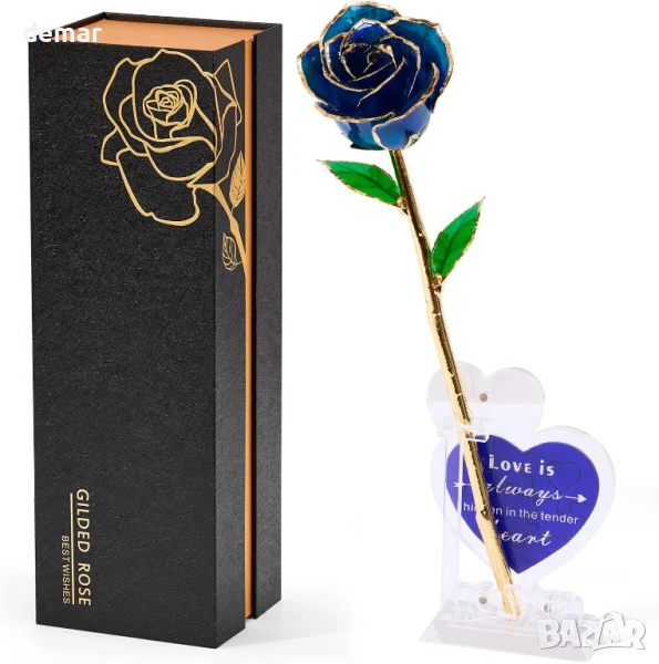 Mikasol Истинска реалистична роза, потопена в 24-каратово злато – вечен, реалистичен цъфтеж, синя, снимка 1