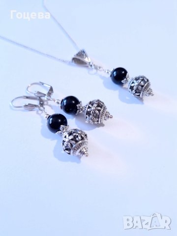 Разкошни обеци с камъни Черен диамант и фини филигранни орнаменти в цвят сребро , снимка 9 - Обеци - 41819201