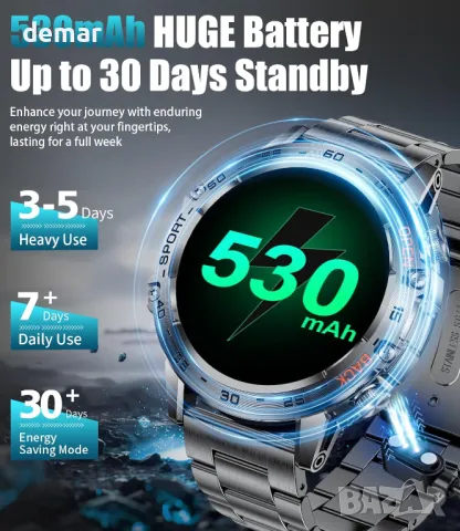 Смарт часовник SIEMORL за мъже, 1,45" HD AMOLED дисплей, приемане/осъществяване на повиквания, IP68, снимка 8 - Смарт часовници - 49710355