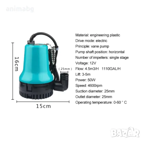 ANIMABG Потопяема водна помпа 12V, 50W, 4500L/h, снимка 4 - Друга електроника - 47471570