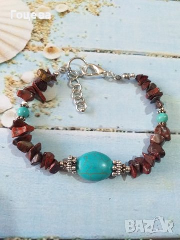Прекрасна Бохо гривна с Тюркоази и камъни червено Тигрово око и орнаменти в цвят Сребро стил Антик , снимка 2 - Гривни - 39756533