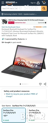 Doohoeek Bluetooth клавиатура за Surface Pro 7+/7/6/5/4/3 с подсветка , снимка 2 - Клавиатури и мишки - 53519753