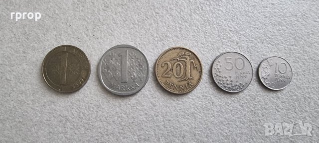 Монети. Финландия. 10 , 20, 50  пени и 1 марка. 5 бройки. 