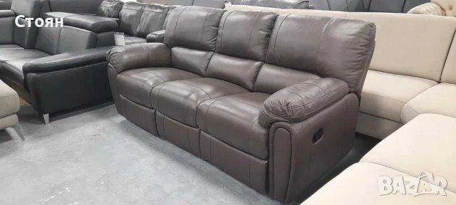 Кафяв кожен диван тройка с ръчен релаксиращ механизъм "Violino", снимка 8 - Дивани и мека мебел - 39974096