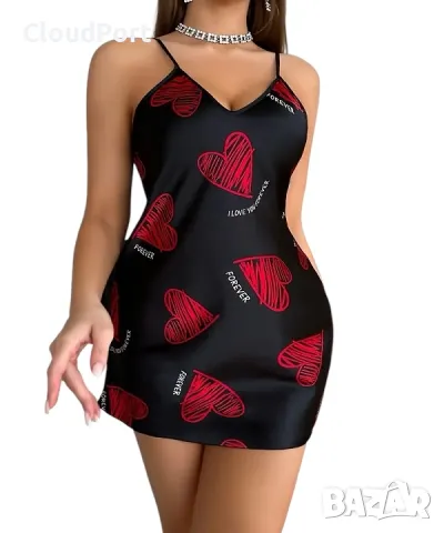 Секси дамска нощница от дантелен еластичен сатен, шарка сърце, черен, снимка 4 - Потници - 48841081