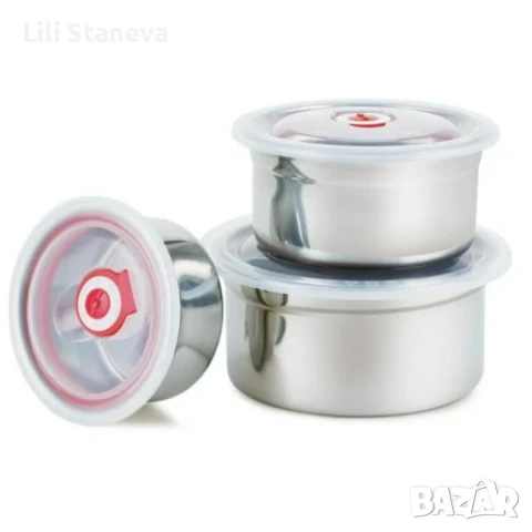 Комплект от три броя кутии,за съхранение,от неръждаема стомана,с пластмасови капаци. , снимка 13 - Кутии за храна - 51118921