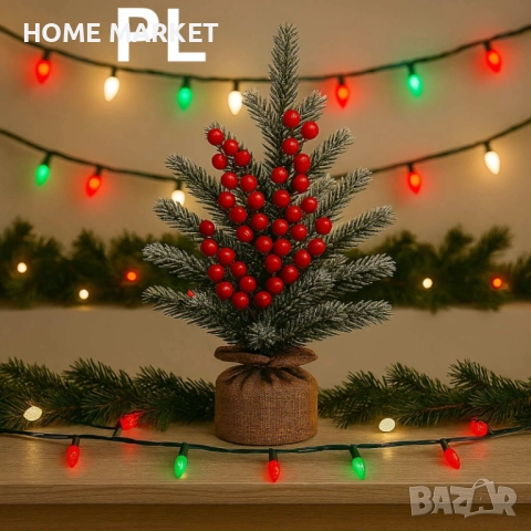 Мини коледна елха със заснежени клонки и декоративни червени плодове, снимка 3 - Други - 52706763