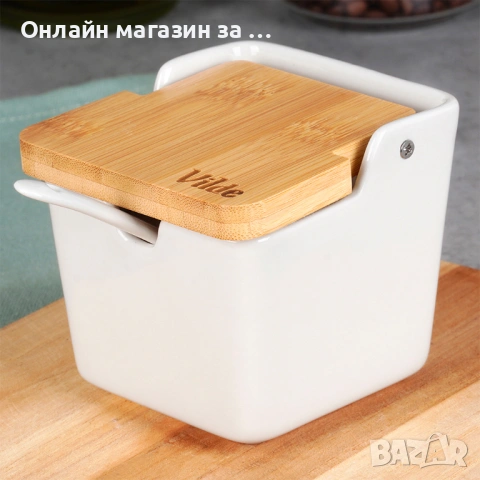 Керамична захарница с бамбуков капак и лъжичка 250 ml 139676