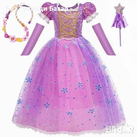 Нов Детски костюм принцеса 4 части рокля плитка диадема пръчица 7,8г