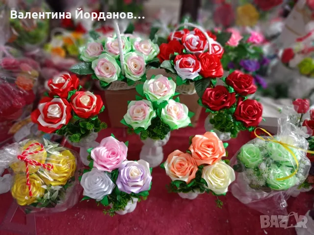 ръчно изработени кашпи и цветя от сатенени ленти , снимка 3 - Декорация за дома - 49156769