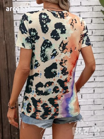 Дамска тениска с кръгло деколте и къс ръкав с леопардов принт, 4цвята , снимка 4 - Тениски - 41497389