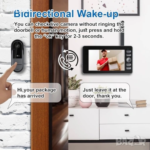 Безжичен видео звънец без абонамент, двупосочен домофон, водоустойчивост IPX65, екран 4.3”, ъгъл на , снимка 3 - Други - 53840504