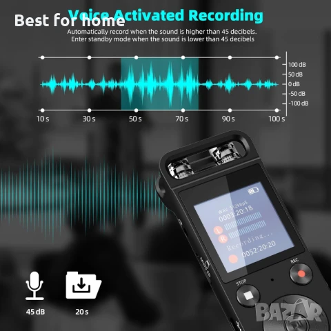 Hinne 80G Цифров гласов рекордер - гласово активиран диктофон с парола, снимка 4 - Други - 50505312