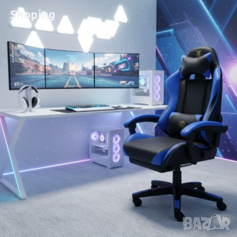 Ергономичен геймърски стол с масажна функция и поставка за крака – черно-син, снимка 4 - Столове - 53476181