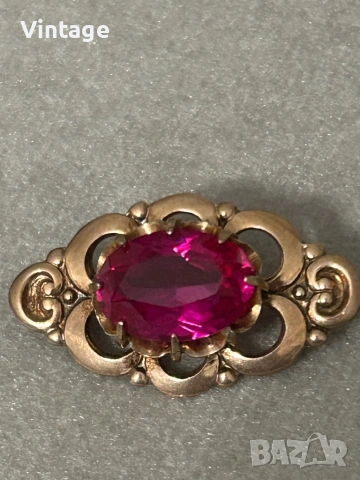 Антикварна съветска сребърна позлатена брошка с рубин , снимка 5 - Колиета, медальони, синджири - 53328876