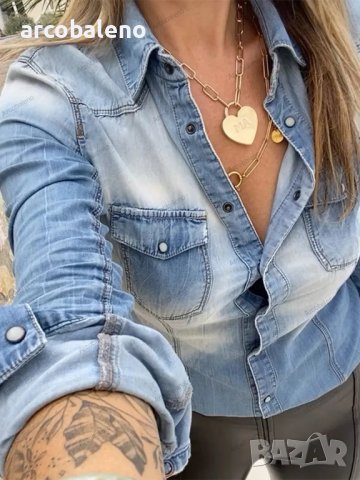 Ежедневна дамска дънкова риза с дълги ръкави от изтъркан деним, снимка 3 - Ризи - 41788245