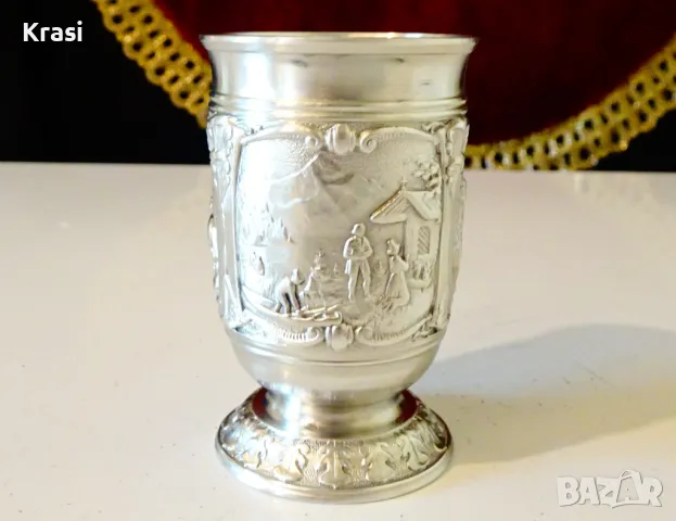 Чаша от калай за ракия с красиви селски картини. , снимка 3 - Антикварни и старинни предмети - 47417450