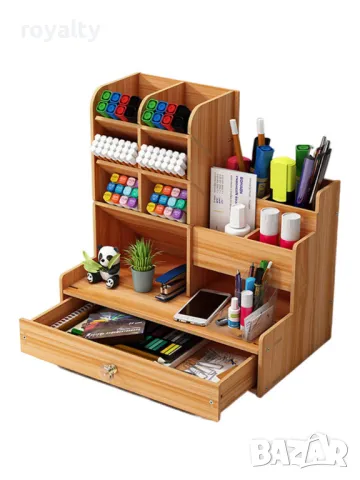 Дървен органайзер за бюро с чекмедже и многосекционно съхранение, снимка 2 - Декорация за дома - 49002543