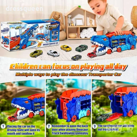 4742 Син Камион Динозавър с Трансформираща се Писта за Изстрелване: Комплект 3в1 с Включени коли, снимка 4 - Коли, камиони, мотори, писти - 53780071