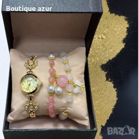 Подаръчен дамски комплект от часовник с камъни цирконии и два броя гривни от естествени камъни 
