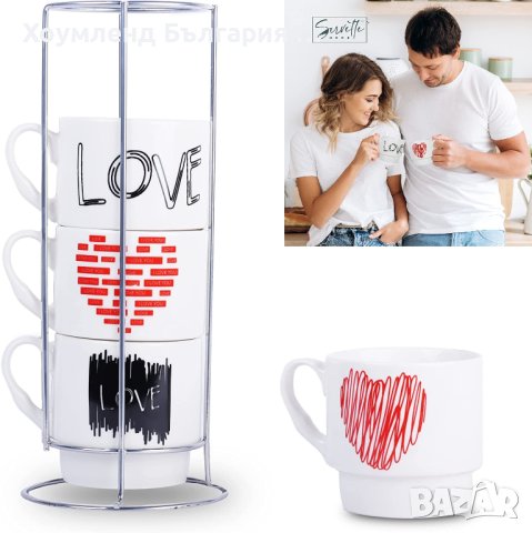 4 броя Порцеланови чаши LOVE с поставка