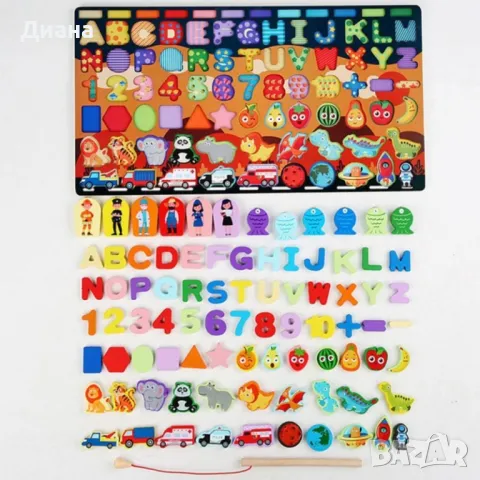 Монтесори Пъзел и Сортер с дървени фигурки и магнитен риболов, снимка 6 - Образователни игри - 48345134