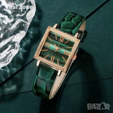 Елегантен комплект часовник и бижута с зелени кристали и златист корпус, снимка 4 - Бижутерийни комплекти - 53480096