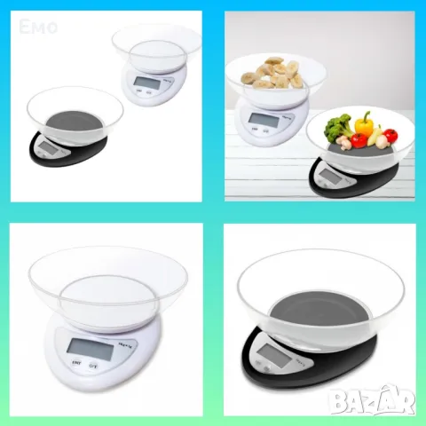 Кухненска везна с купа, 5кг., 2х ААА батерии ( не са вкл. ), LCD екран, Бял, Черен