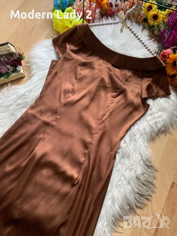 Кафява сатенена рокля, снимка 2 - Рокли - 50867061
