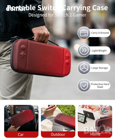 Защитен калъф за Nintendo Switch 2 2025 за пътуване, протектор за екран, червено и черно, снимка 6 - Аксесоари - 50757683