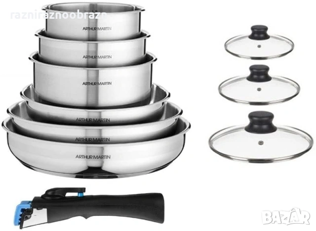 Комплект за готвене Arthur Martin 10 части, с подвижна дръжка Inox 18/10, снимка 3 - Съдове за готвене - 52795277
