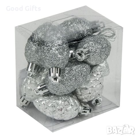 12 броя Комплект Сребристи коледни шишарки, Висулки за елха, 5см, снимка 2 - Други стоки за дома - 42686063