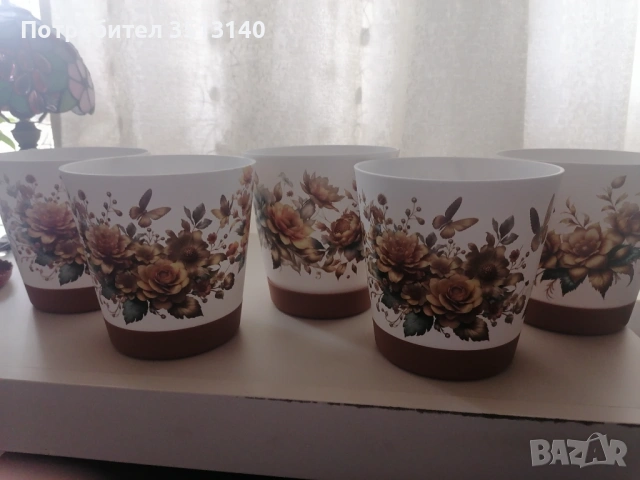 Комплект от 5 броя саксии за цветя, ръчно украсени 15 см, снимка 4 - Други стоки за дома - 53681357