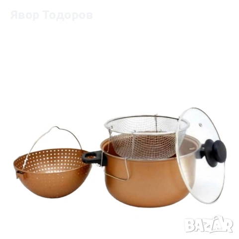 Тенджера с гевгир и кошница за пържене Voltz, 24*12.5см., Меден\въгл. стомана с незалеп. покр.