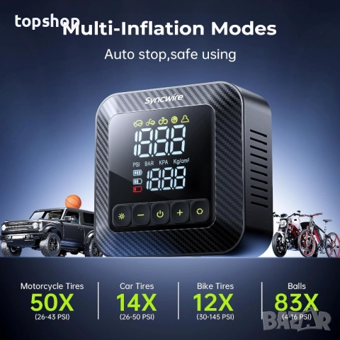 Чисто нов, запечатан Syncwire компресор за гуми 150PSI Въздушна помпа за автомобилни гуми ..., снимка 5 - Аксесоари и консумативи - 51707602